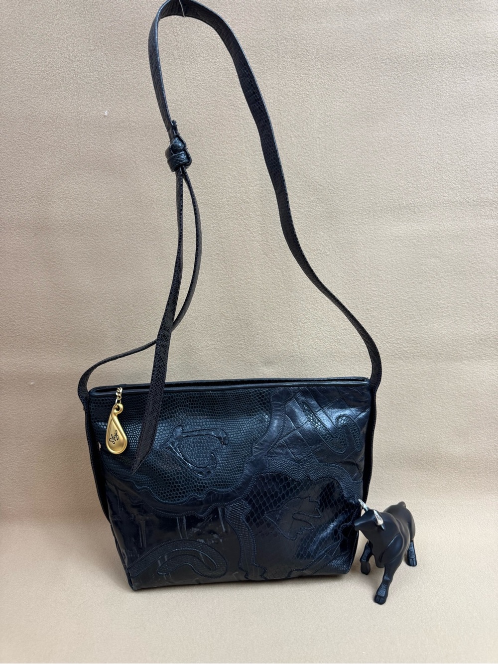 vintage Sharif patchwork black leather crossbody bag.